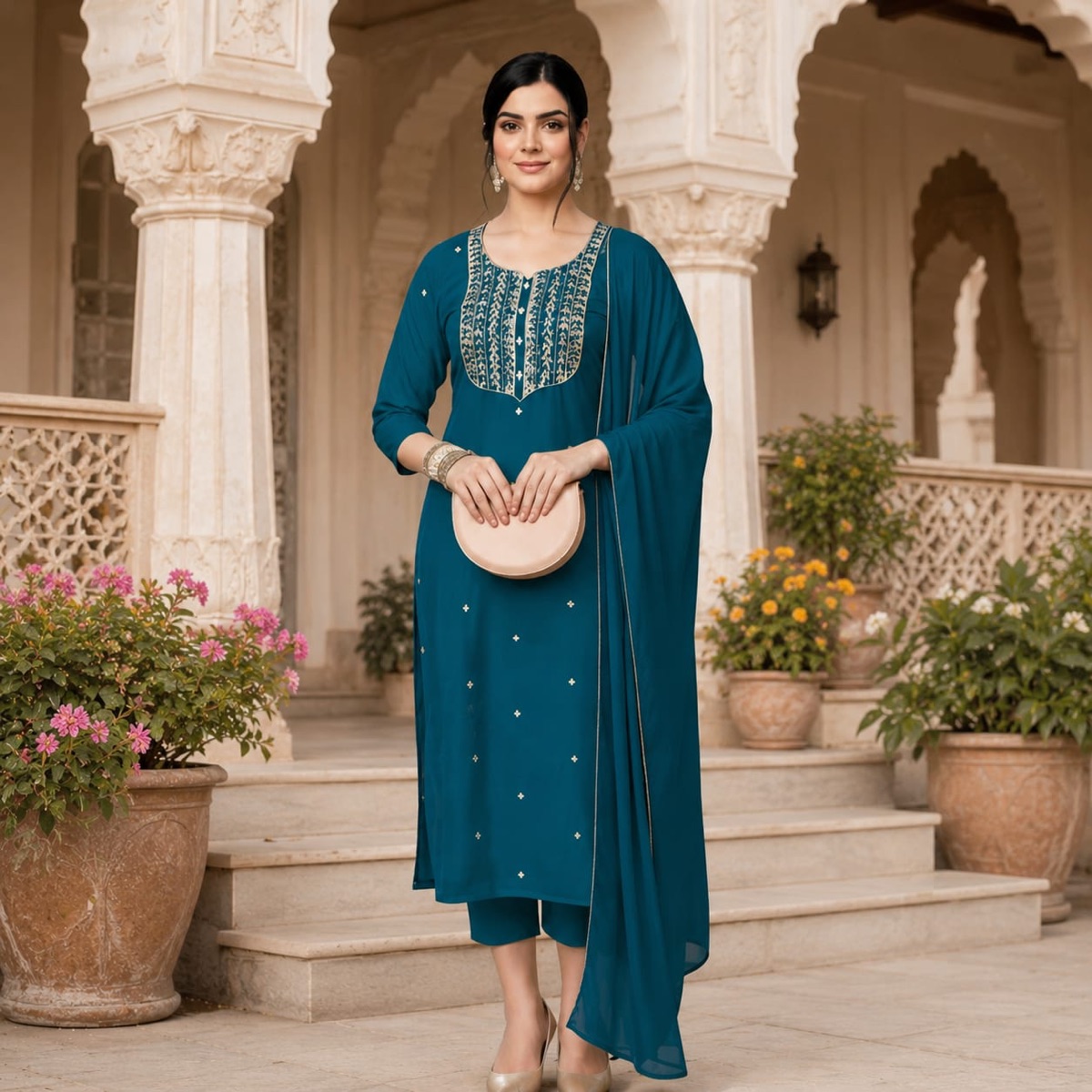Peacock Blue Embroidered Kurta Set