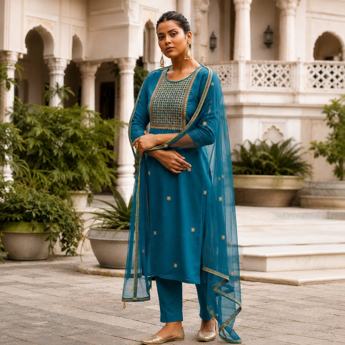 Teal Zari Yoke Kurta Set