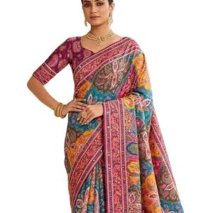 Women's Chinon Silk Saree with Printed Design, Mirror Work & Zari Woven Detailing | Ethnic Wear Saree with Unstitched Blouse Piece | Traditional Festive & WeddingWear