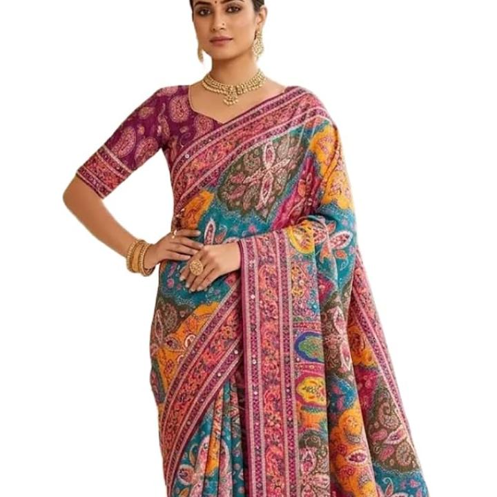 Women's Chinon Silk Saree with Printed Design, Mirror Work & Zari Woven Detailing | Ethnic Wear Saree with Unstitched Blouse Piece | Traditional Festive & WeddingWear