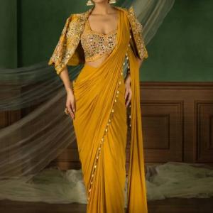 Gymora Ready to Wear Embroidered Pre Draped Saree Georgette Saree (Yellow)