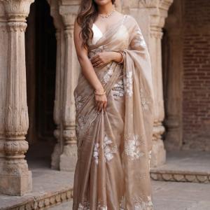 ANOUK Ready to Wear Embellished Pre Draped Saree Organza Saree (Beige)
