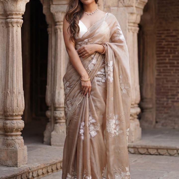 ANOUK Ready to Wear Embellished Pre Draped Saree Organza Saree (Beige)