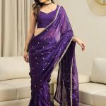 Sareemall Ready to Wear Embellished Pre Draped Saree Georgette Saree (Purple)