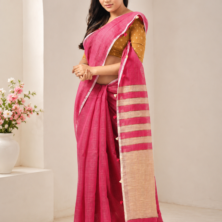 Elegant Pink Linen Blend Saree