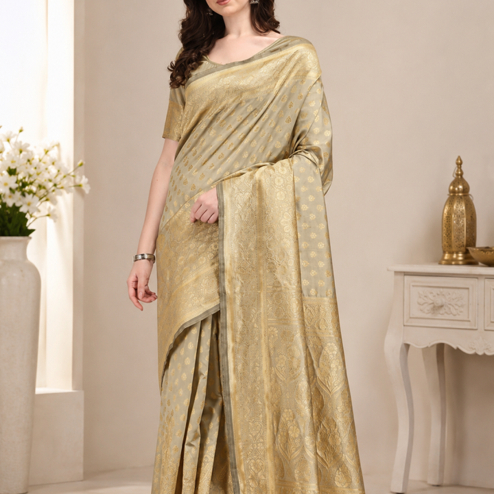 Premium Golden Beige Banarasi Silk Saree