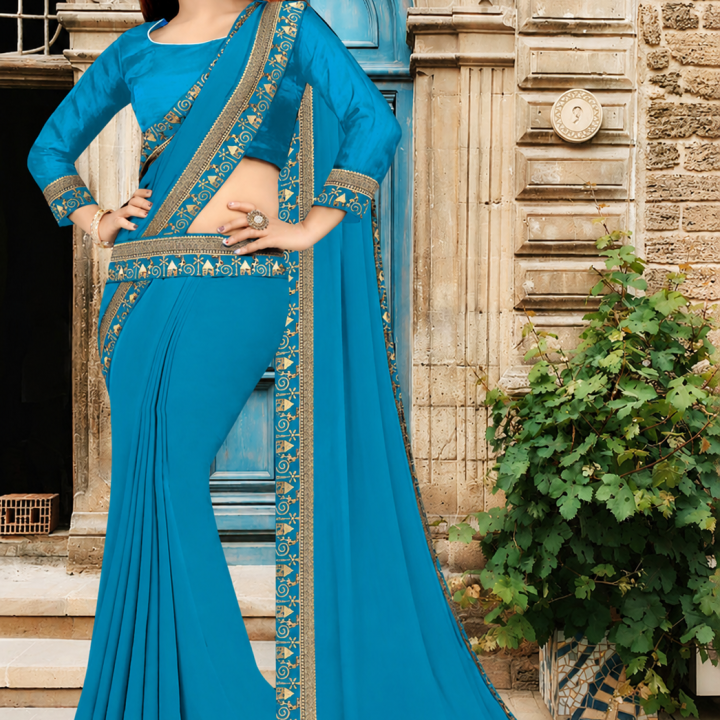 Solid/Plain Bollywood Lycra Blend, Chiffon Saree