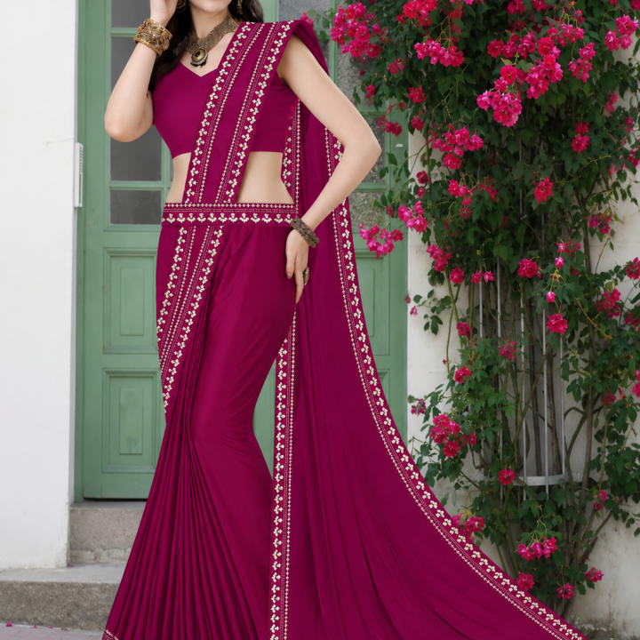 Women's Magenta Designer Saree with Embroidered Border | Party Wear Saree