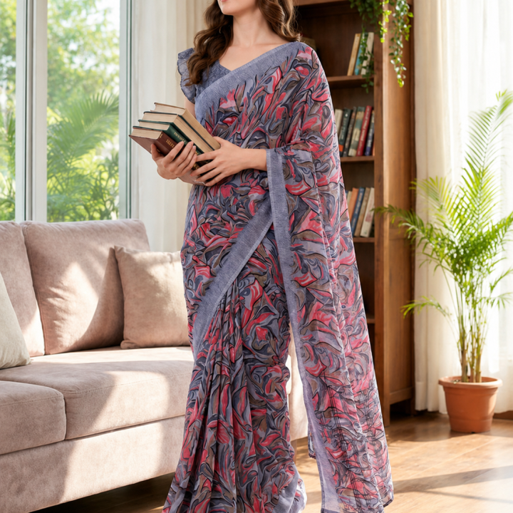 Anmi Floral Print Daily Wear Georgette Saree (Grey, Pink)