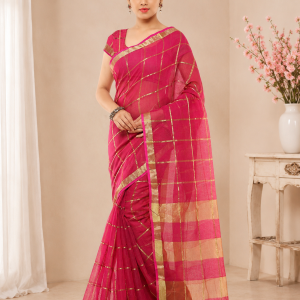 Elegant Pink Checkered Linen Blend Saree