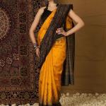 Sareemall Printed Ikkat Silk Blend Saree (Yellow, Black)
