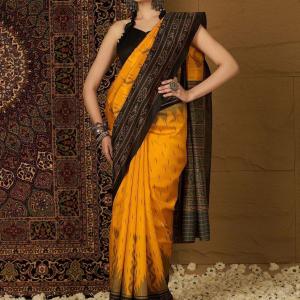 Sareemall Printed Ikkat Silk Blend Saree (Yellow, Black)