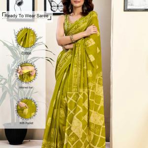 Samah Ready to Wear Floral Print, Geometric Print, Printed Daily Wear Pure Cotton Saree (Green, White)