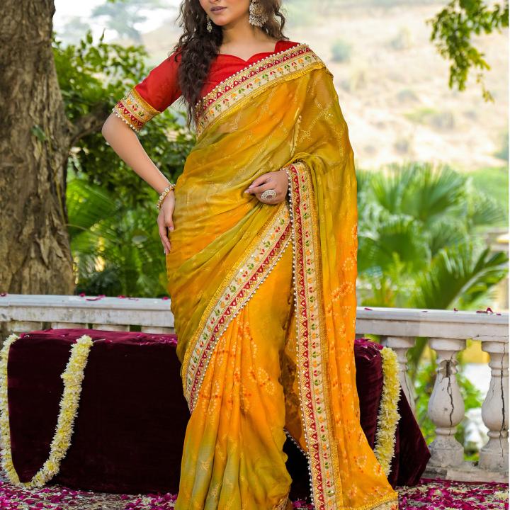 Satrani Printed, Embroidered, Embellished Bandhani Chiffon Saree (Yellow)