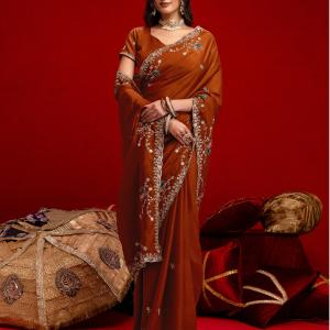 Satrani Embroidered, Embellished Bollywood Georgette Saree (Orange)