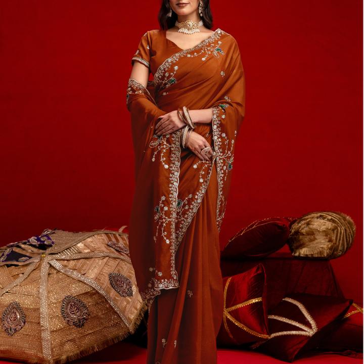 Satrani Embroidered, Embellished Bollywood Georgette Saree (Orange)