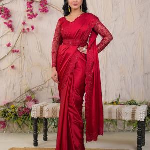 Satrani Embroidered, Embellished Bollywood Satin Saree (Red)