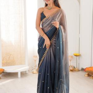 Sareemall Embellished Bollywood Tissue Saree (Dark Blue)