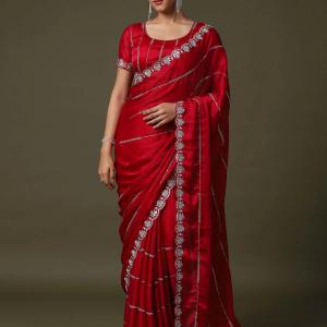 Tasrika Embellished Bollywood Satin Saree (Red)