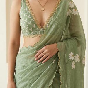 AYAAN CREATION Floral Print Bollywood Cotton Linen Saree (Light Green)