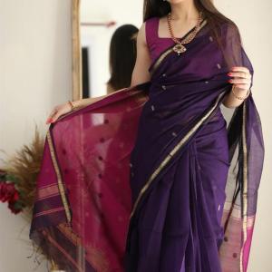 WOMENELEGENCE Woven Banarasi Cotton Silk Saree (Purple)