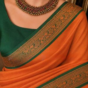 Fashion Club Collection Woven Bollywood Cotton Silk Saree (Green, Orange)