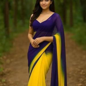 GSSAREE Dyed Daily Wear Georgette Saree (Dark Blue, Yellow)