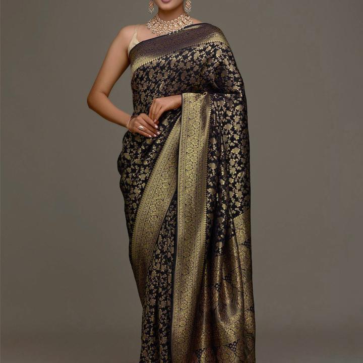 R K INFINITIVE Woven Kanjivaram Jacquard, Art Silk Saree (Black)