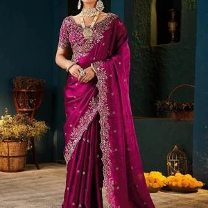 Shreeja Bridal Collection Embroidered Bollywood Satin Saree (Multicolor)