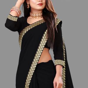 sadika Solid/Plain, Embellished Bollywood Georgette, Chiffon Saree (Black, Gold)