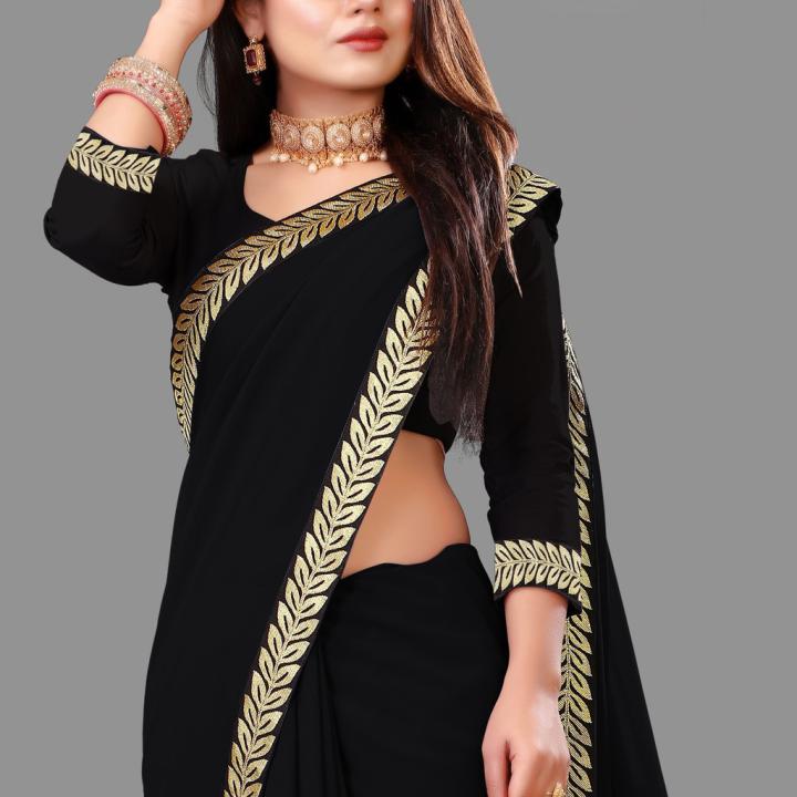 sadika Solid/Plain, Embellished Bollywood Georgette, Chiffon Saree (Black, Gold)