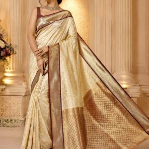 HR Collection Woven Banarasi Silk Blend Saree (Cream)