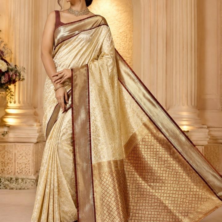 HR Collection Woven Banarasi Silk Blend Saree (Cream)