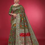 Sari Satva Floral Print Kanjivaram Cotton Silk Saree (Green)