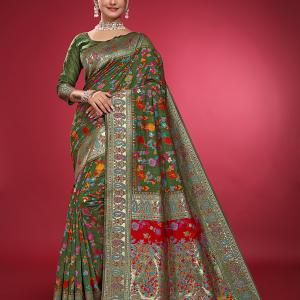 Sari Satva Floral Print Kanjivaram Cotton Silk Saree (Green)