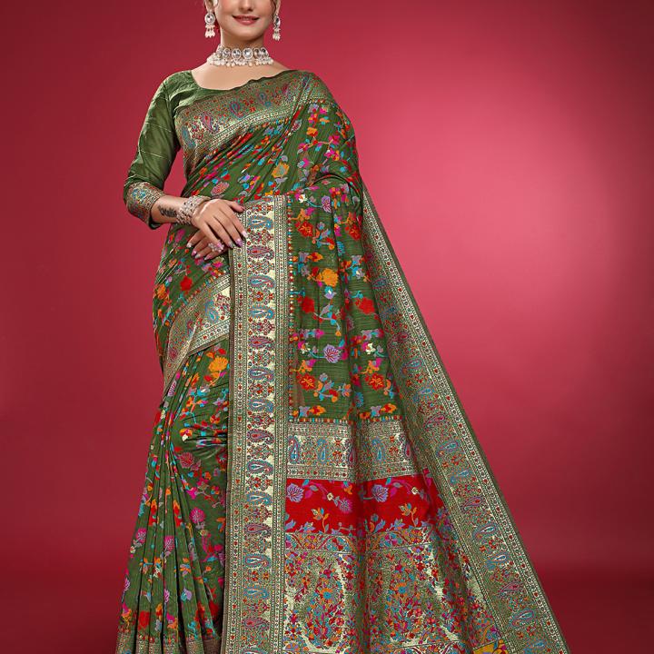Sari Satva Floral Print Kanjivaram Cotton Silk Saree (Green)