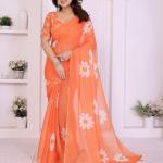 kashvi sarees Printed Bollywood Cotton Linen Saree (Orange)