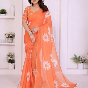kashvi sarees Printed Bollywood Cotton Linen Saree (Orange)