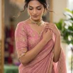 Infyshopy Printed Daily Wear Organza Saree (Pink)