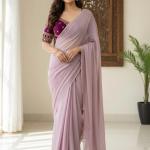 Yokshi Solid/Plain Bollywood Chiffon, Pure Silk Saree (Purple)