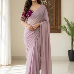 Yokshi Solid/Plain Bollywood Chiffon, Pure Silk Saree (Purple)