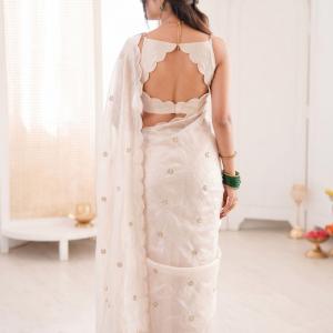 MAHADEV CREATION Embroidered, Floral Print Bollywood Chiffon Saree (White)
