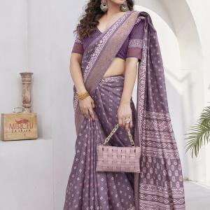 MIRCHI FASHION Printed, Embellished Hand Batik Cotton Silk, Silk Blend Saree (Purple, Pink)