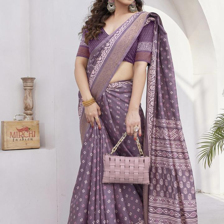 MIRCHI FASHION Printed, Embellished Hand Batik Cotton Silk, Silk Blend Saree (Purple, Pink)