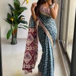 NENUBRITY Printed, Geometric Print, Floral Print, Color Block Daily Wear Pure Cotton Saree (Blue)