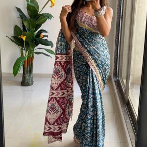 NENUBRITY Printed, Geometric Print, Floral Print, Color Block Daily Wear Pure Cotton Saree (Blue)