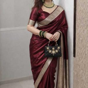 Sijileen Woven Banarasi Satin Saree (Maroon)