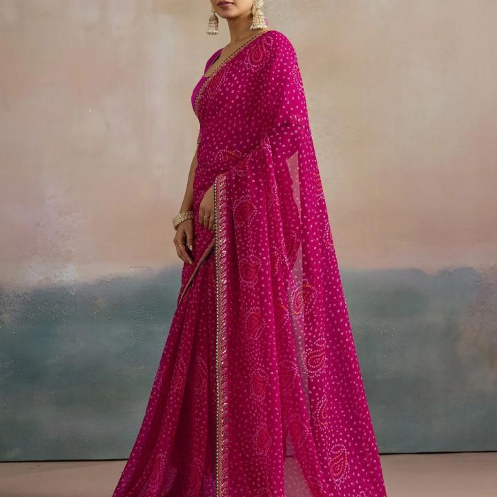 Sareemall Printed Bandhani Georgette Saree (Pink)