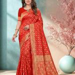 Wedresa Woven, Self Design, Floral Print Banarasi Silk Blend Saree (Red)