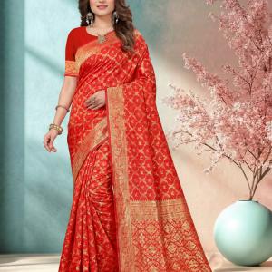 Wedresa Woven, Self Design, Floral Print Banarasi Silk Blend Saree (Red)